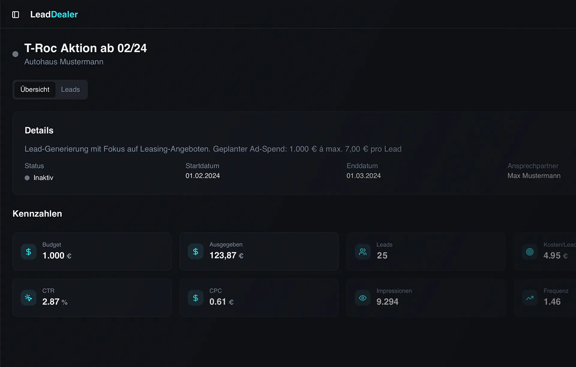 LeadDealer Hub – Kampagnen-Dashboard: Die wichtigsten Kennzahlen für Ihre Kampagne stets im Blick.